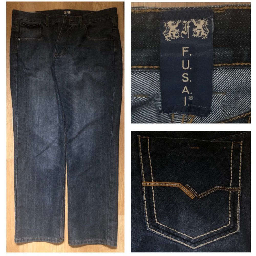 FUSAI 1997 THICK STITCH Men’s Embroidered Straight Leg Jeans sz 38W x 30L